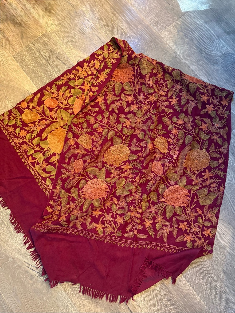 Embroidered Floral Shawl in Deep Wine